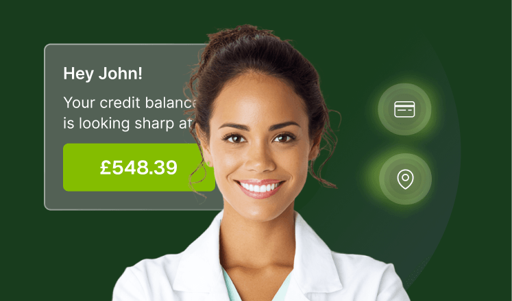 Smiling woman in front of a green background with text showing credit balance of £548.39. Icons for card and location are visible.
