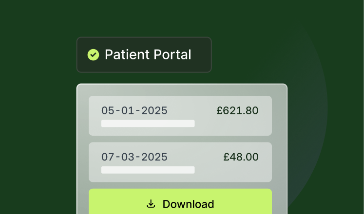 Patient portal screenshot showing two amounts, £621.80 on 05-01-2025 and £48.00 on 07-03-2025. A download button is visible below.
