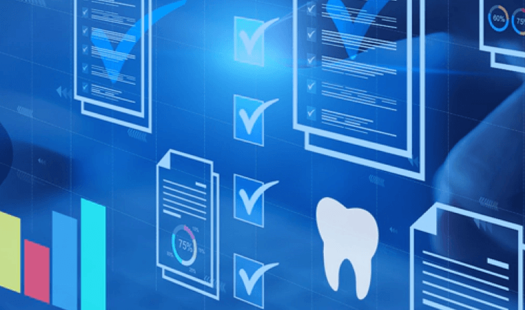 Digital illustration featuring checklists, graphs, a tooth icon, and documents, symbolizing data management and healthcare analytics.