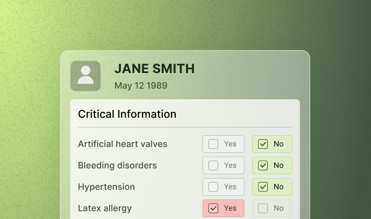 Medical information card for Jane Smith, born May 12, 1989. Highlights latex allergy (Yes), other conditions marked No.