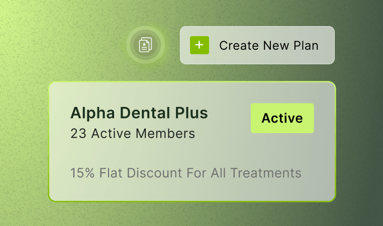 Interface showing "Alpha Dental Plus" with 23 members, offering a 15% discount. "Create New Plan" button at the top.