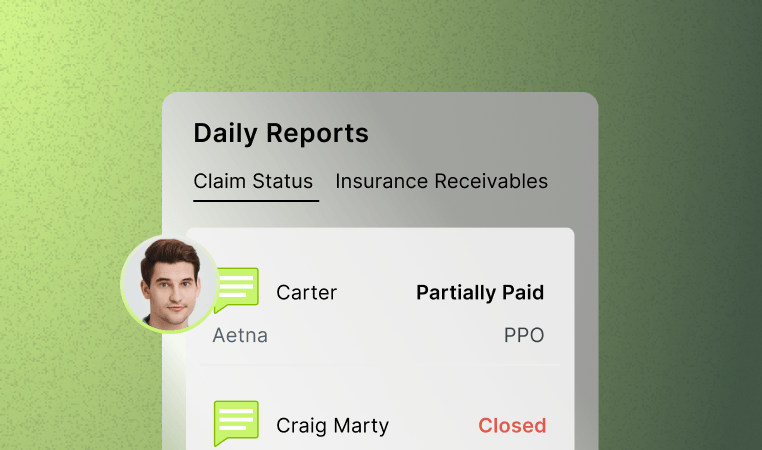 Interface showing daily reports with tabs for claim status and insurance receivables. Includes user profiles with payment statuses.