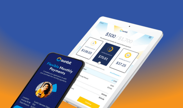 Smartphone and tablet displaying Sunbit payment plans, featuring flexible monthly payment options and service details on a gradient background.