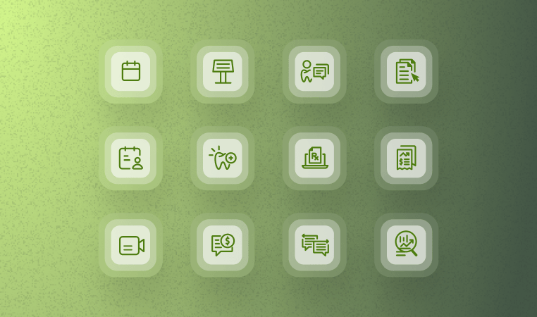 Grid of 12 green icons on a gradient background, featuring calendar, presentation, speech, document, camera, chat, and search themes.