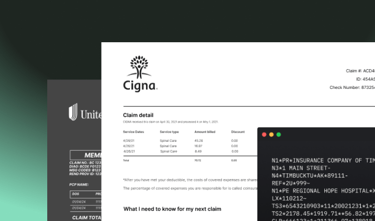 Close-up of various insurance documents from Cigna and UnitedHealthcare, with a computer screen displaying code or data on the right.