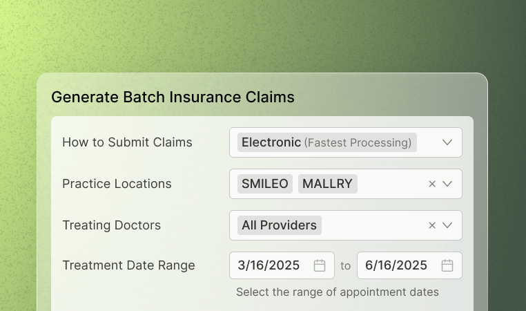 Interface for generating batch insurance claims, with options for submission method, practice locations, treating doctors, and treatment date range.
