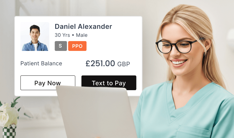 Dental practice dashboard displaying patient balance information and payment management tools.