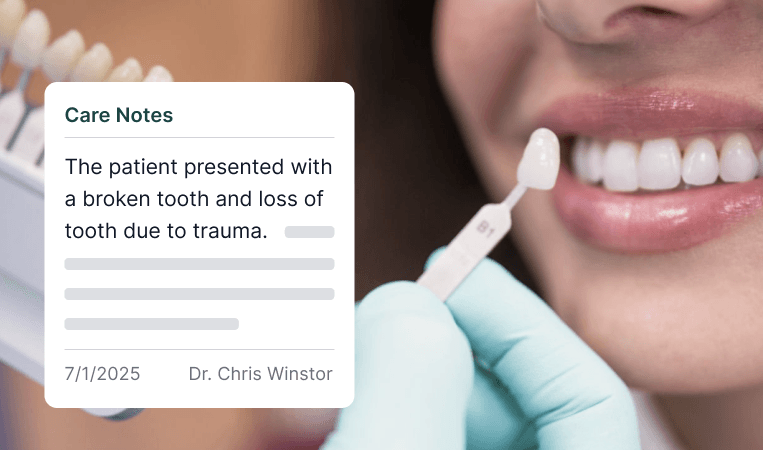 Dental consultation with tooth shade matching and care notes for a tooth damaged by trauma.