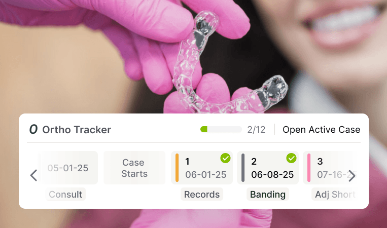 Orthodontic treatment interface showing aligner progress, treatment dates, and status indicators.