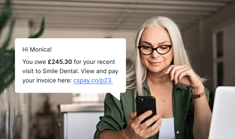 Patient receiving a mobile payment request for a £245.30 dental invoice with a link to pay online.