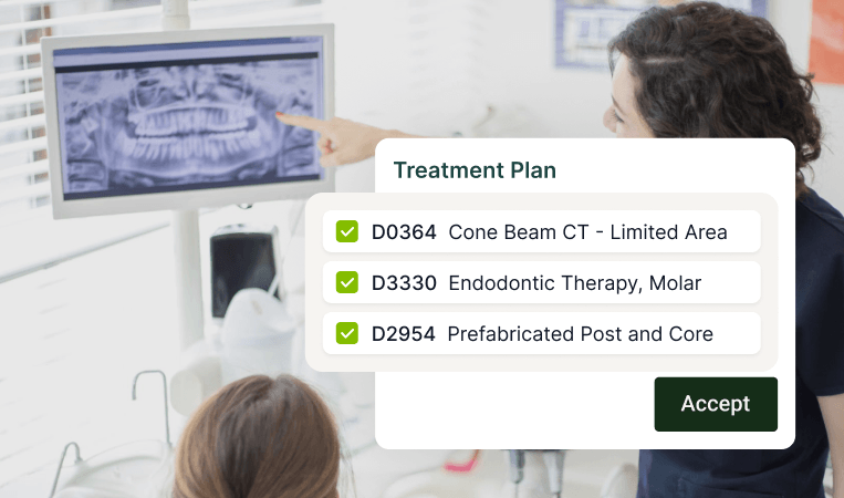 Dentist discussing a treatment plan on a computer screen, with procedures listed: Cone Beam CT, Endodontic Therapy, and Prefabricated Post and Core.