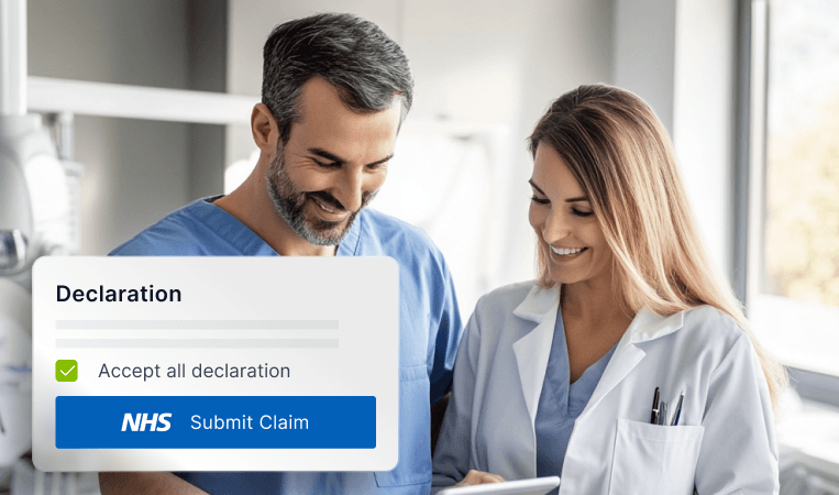 A digital declaration form overlay shows a checkbox and "NHS Submit Claim" button.