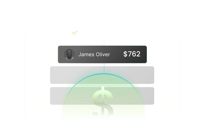 User profile with a photo, name, and $762 amount displayed, overlaid with a glowing dollar sign at the bottom.