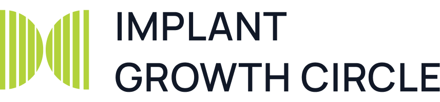 Logo with green striped butterfly-like design and text "IMPLANT GROWTH CIRCLE" in black.