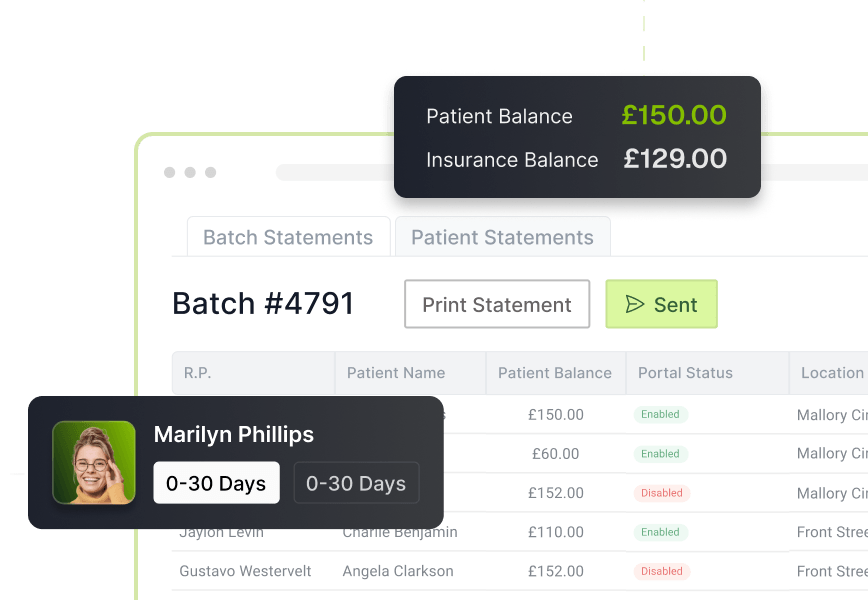 Medical billing interface showing batch #4791 with patient and insurance balances, and a profile labeled "Marilyn Phillips" with a 0–30 days balance.