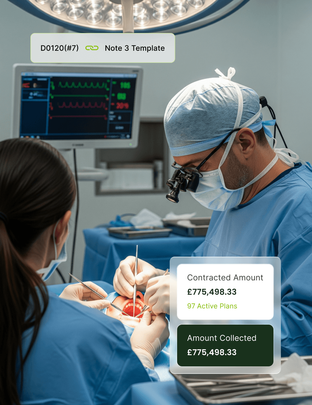 Clinical Capabilities for Oral Surgeons Surgeons performing surgery in an operating room with medical monitors and a financial report overlay showing contracted and collected amounts.
