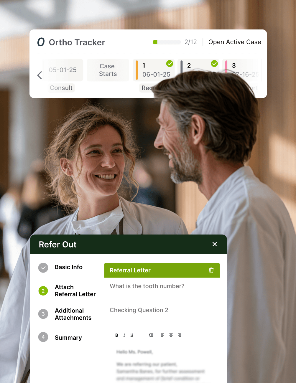 Multi-stage-treatment-planning-and-lab-workflow Two medical professionals smiling, with an "Ortho Tracker" interface visible, showing case details and a referral letter form.