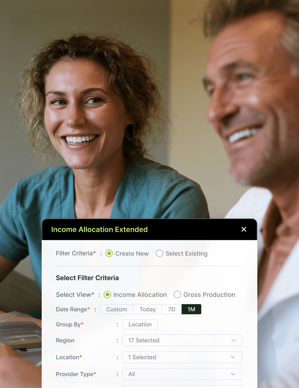 Filtered Analysis Across Report Types Smiling man and woman in casual attire with an overlaid popup labeled "Income Allocation Extended" showing filter criteria options.