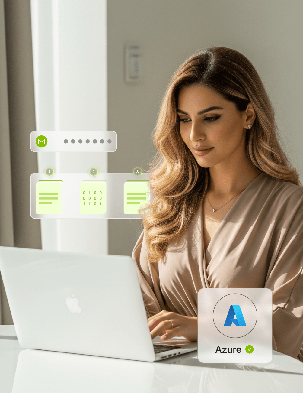 HIPAA Compliance Actions at Your Practice Woman using a laptop with digital icons floating around, including email, documents, and an Azure logo, suggesting cloud computing.