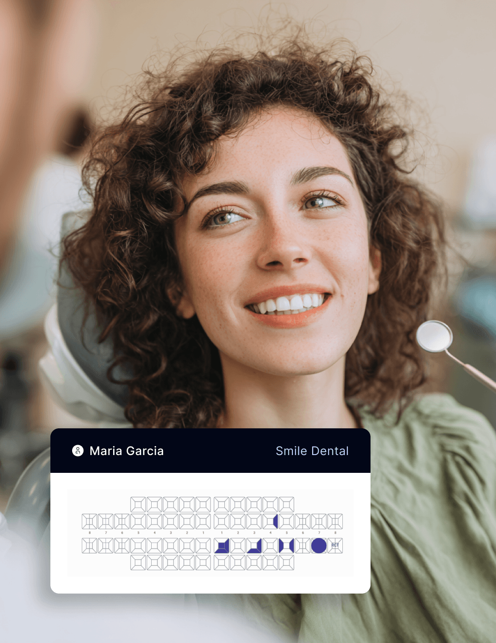Seamless Integration with Clinical Records A woman with curly hair smiles in a dental chair, next to a dental chart with patient details and diagrams at the bottom.