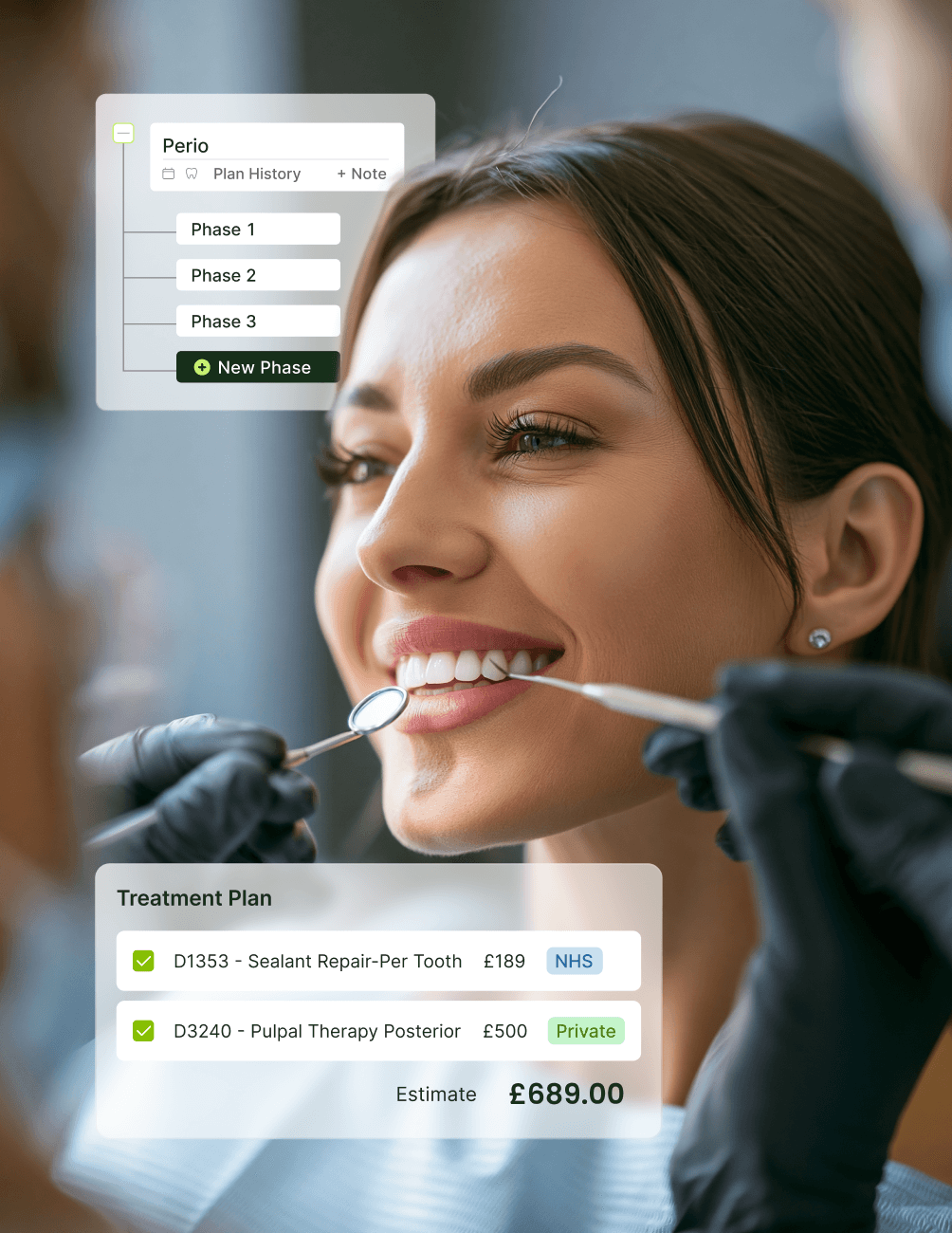 Built-for-specialist-prosthodontic-practices A woman at the dentist receives treatment, with overlay showing dental plans and estimated cost of £689.