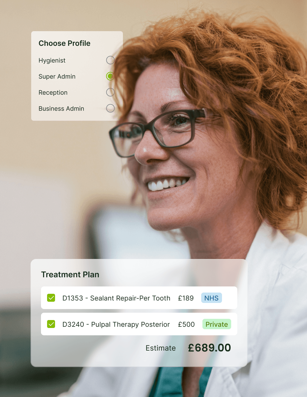 Multi-Site NHS Control Smiling person with a treatment plan overlay, showing dental procedures and costs. Profile options include Hygienist and Super Admin.