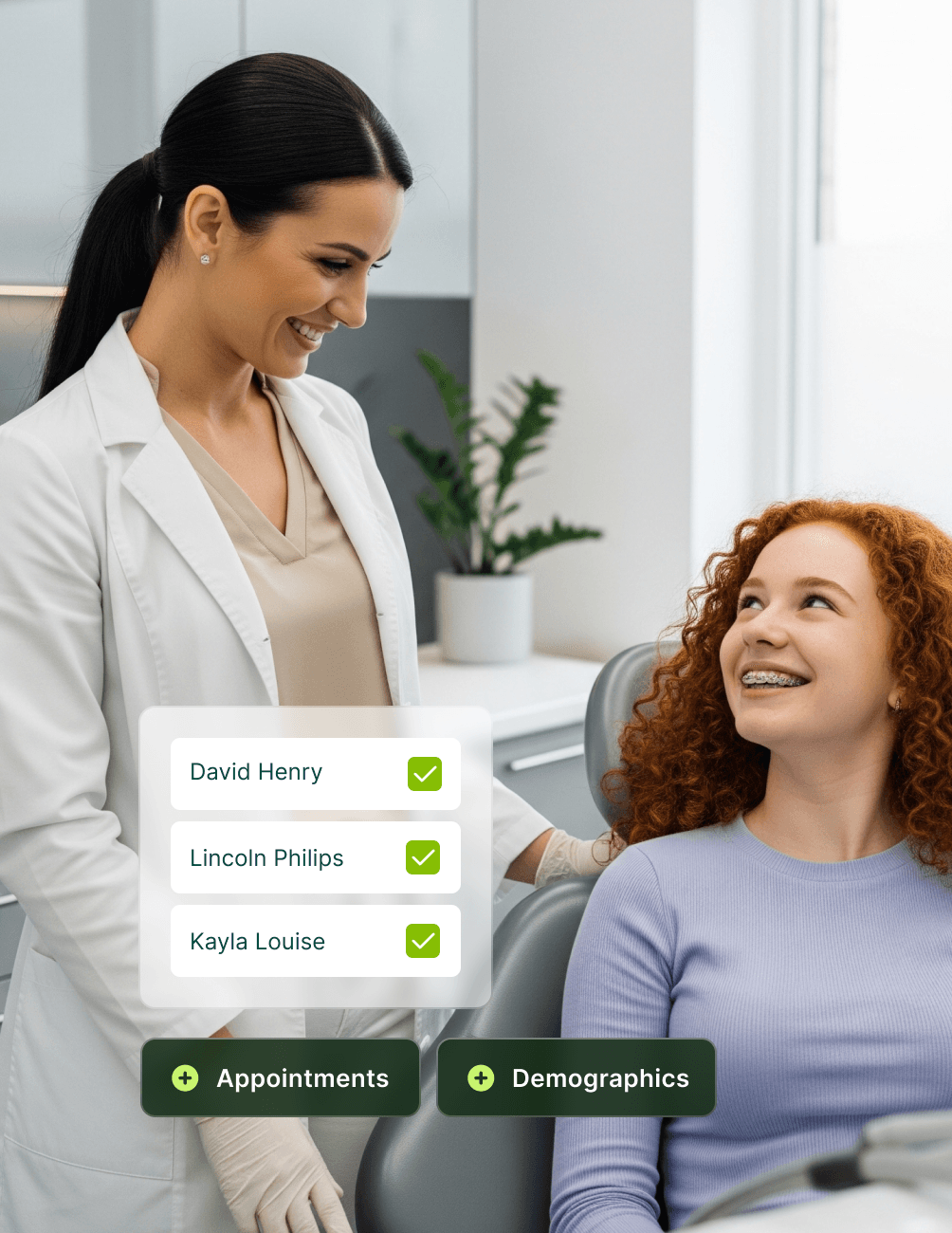 Customizable Solutions For OrthodonticsUse Cases A dentist in a white coat smiles at a seated patient with curly red hair and braces. On-screen interface shows appointments and demographics options.