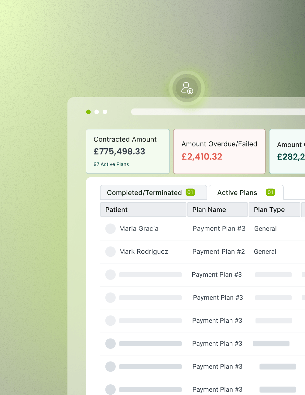 Dynamic Payment Plan Control Centre Dashboard showing financial data: Contracted Amount £775,498.33, Overdue £2,410.32, Collected £282,230.81, with a list of payment plans.