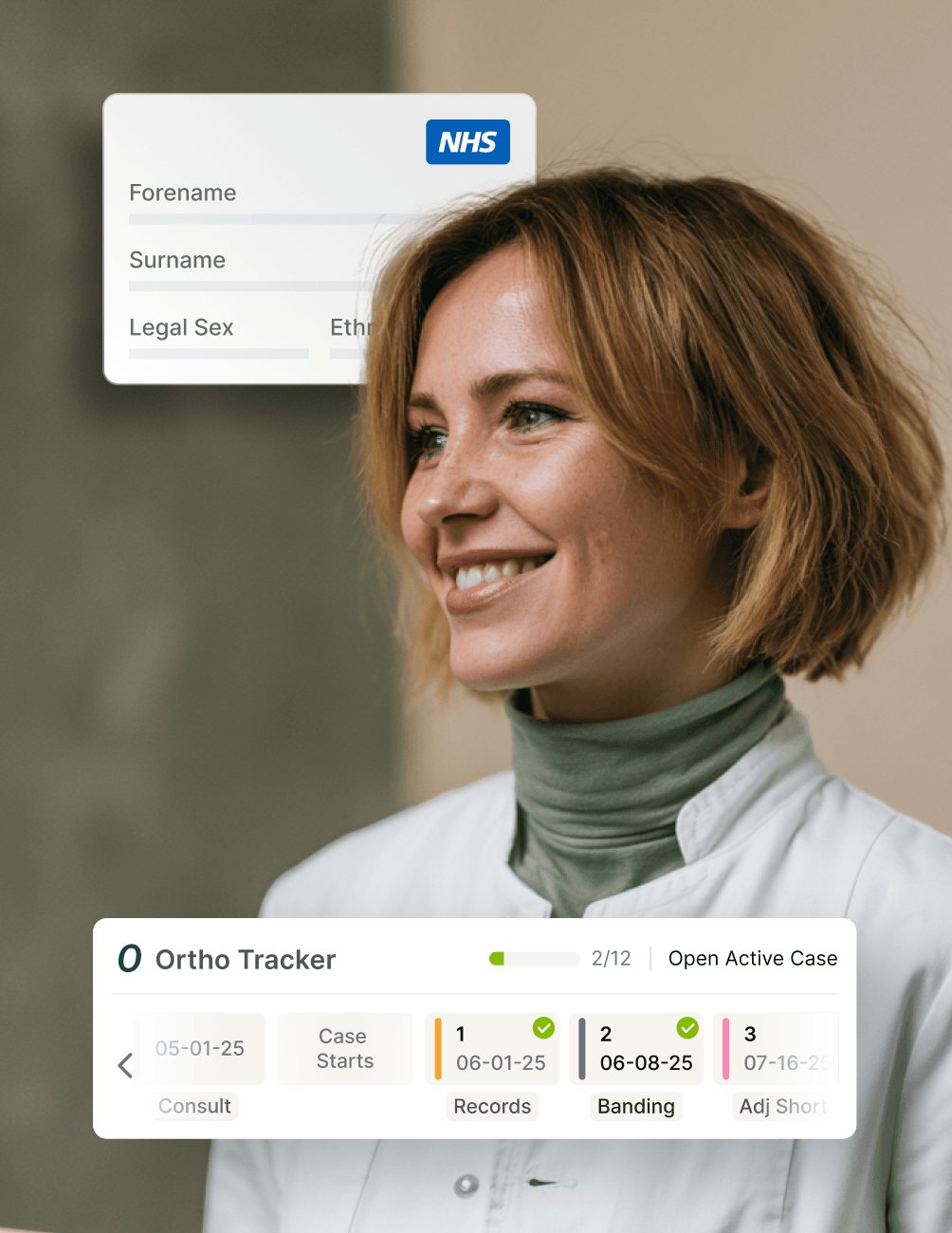 Claim Validation & Rejection Prevention Smiling person in a medical setting with NHS text overlay and Ortho Tracker interface displaying case progress and details.