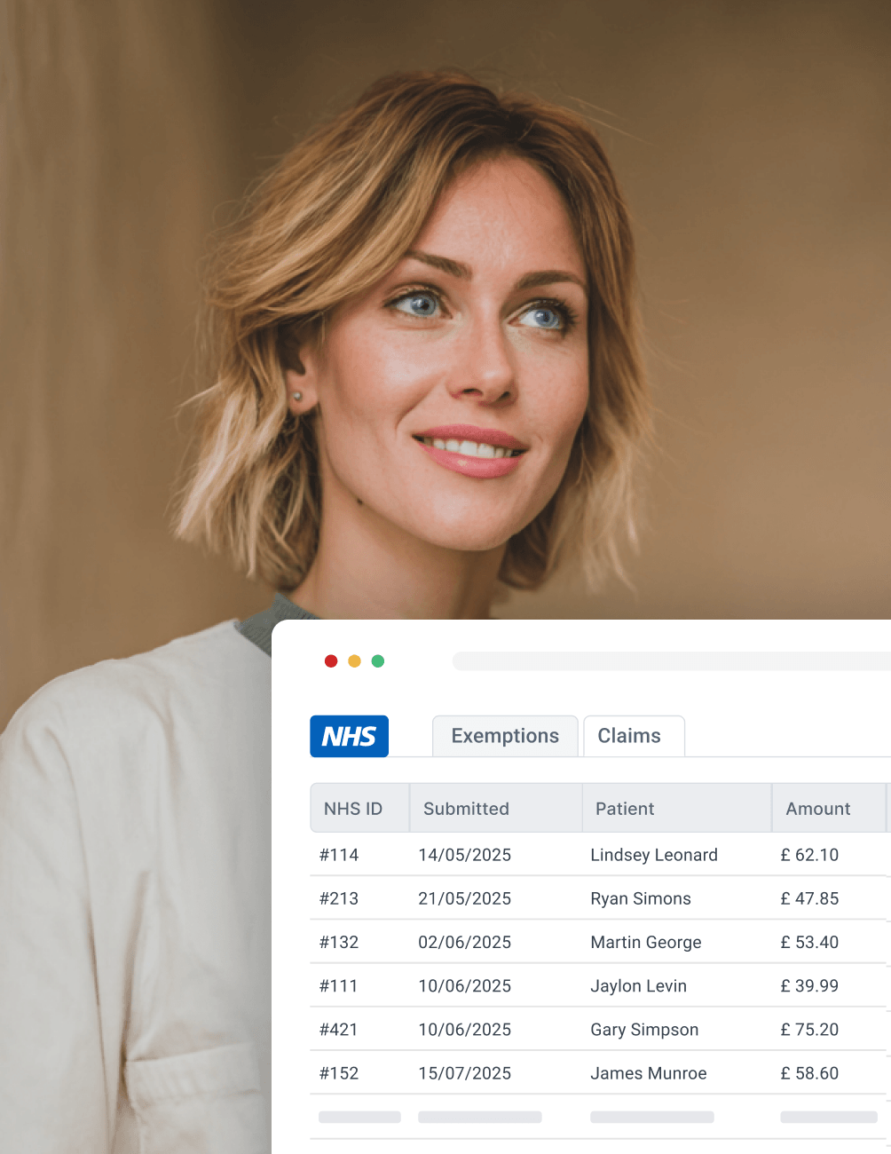 Exemption & Patient Declaration Management Smiling woman with short blonde hair next to a digital interface showing NHS claims data, including IDs, dates, patient names, and amounts.