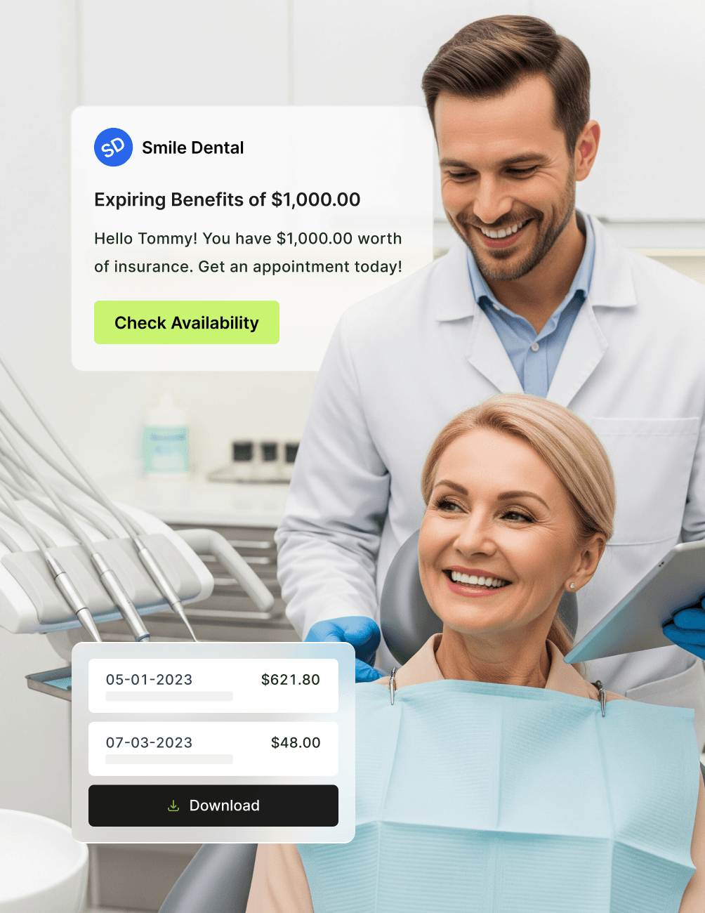 Customizable Solutions for Periodontal Offices A dentist smiling with a patient in a dental clinic. A notification shows insurance benefits and appointment options on the screen.