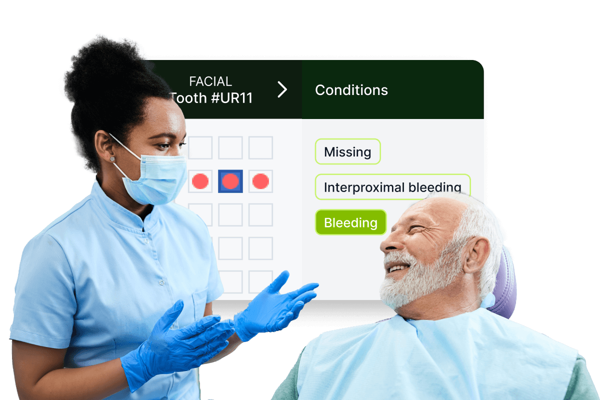 Perio Charts Dentist in blue attire discusses dental conditions with a smiling elderly patient, with chart details in the background.