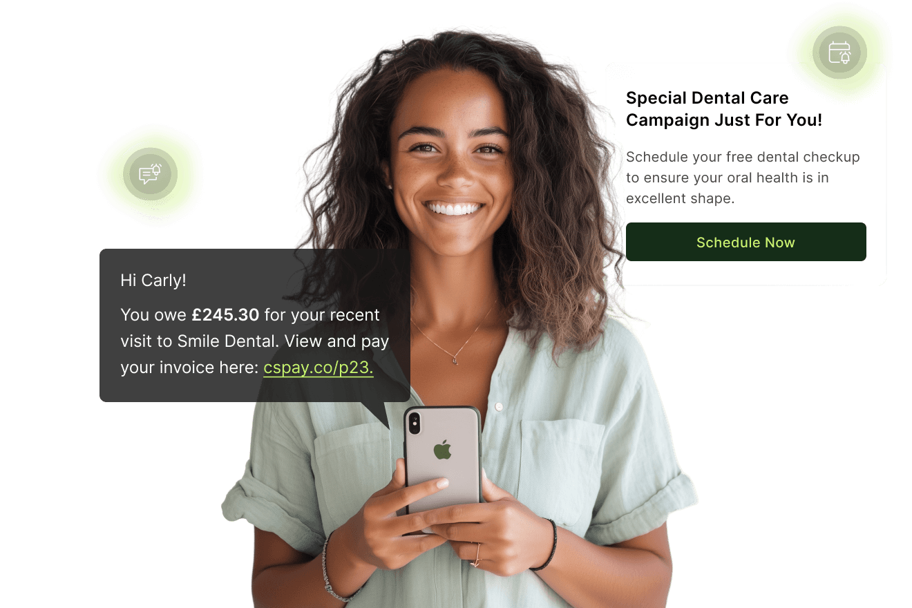 Patient Notification Smiling woman holding a phone with a dentist bill reminder and a special dental care campaign offer displayed beside her.