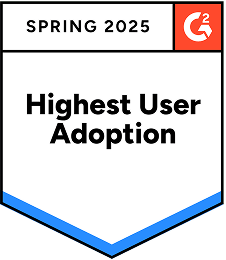 Highest User Adoption Award badge titled "Highest User Adoption" with "Spring 2025" and a G2 logo.